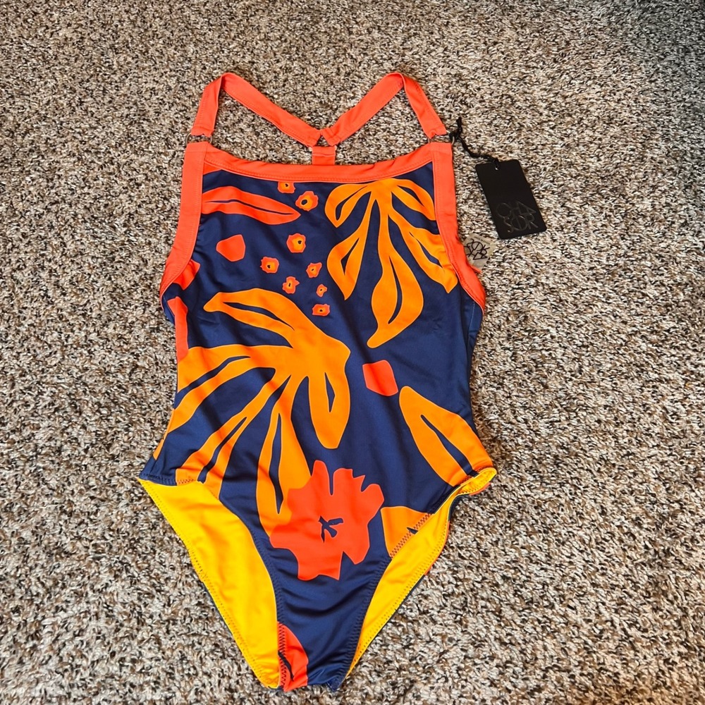 CHASER Women's Swimsuit One Piece Navy Orange Floral Print NWOT‎ Summer Fashion